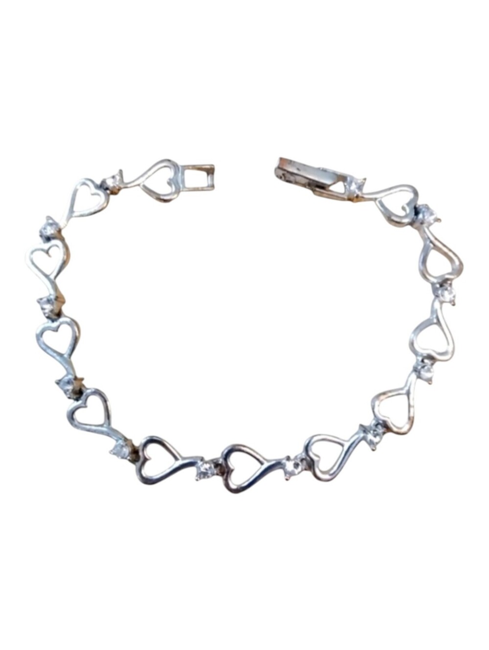 Vintage Avon Silver Tone Open Heart Link Bracelet Clear Rhinestone Accents 6.5"